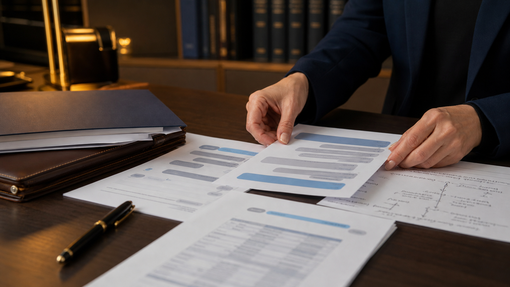 Editorial image showing legal evidence review, timelines, messages, and financial records for an intimate partner violence civil claim.