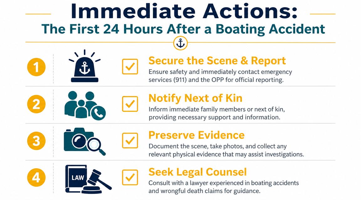 An infographic showing four immediate steps to take within the first 24 hours after a boating accident.