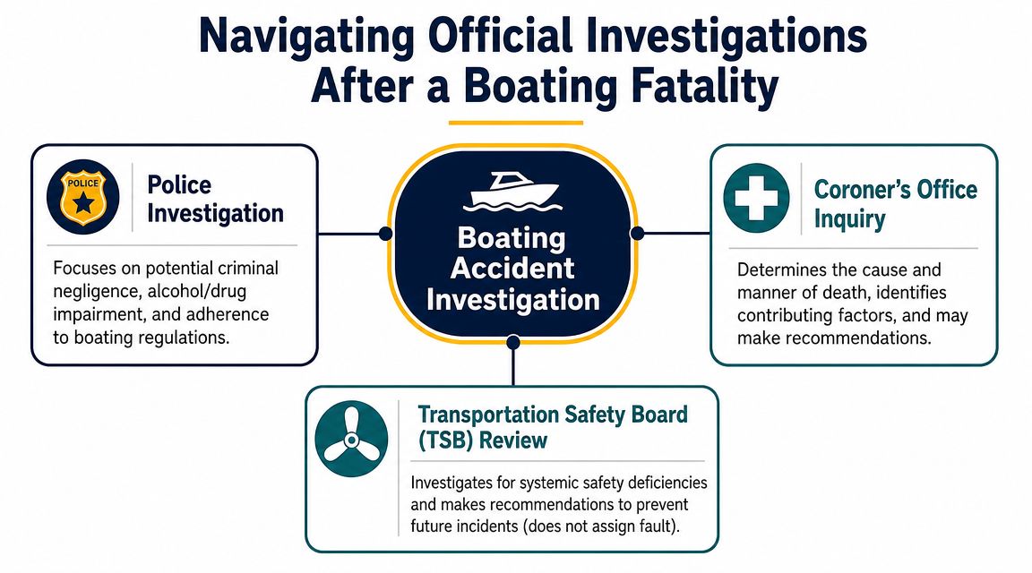 An infographic showing the three official investigation processes following a boating fatality incident involving authorities.
