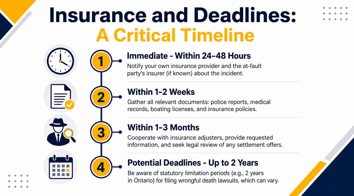 A timeline graphic showing essential insurance notification and document filing deadlines after a boating accident incident.