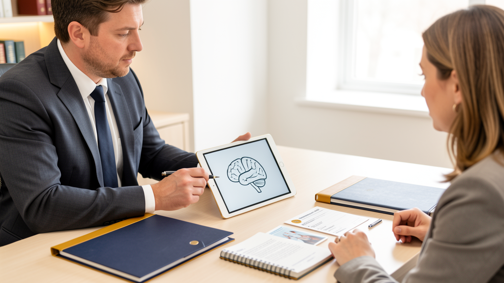 A lawyer and client review traumatic brain injury claim evidence, including medical records and a symptom journal.