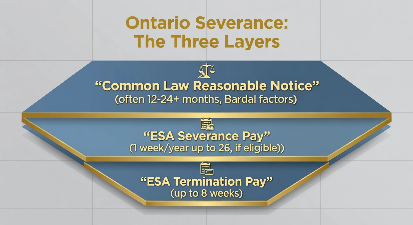 Ontario Severance Layers Infographic - ESA Termination Pay, ESA Severance Pay, and Common Law Reasonable Notice explained
