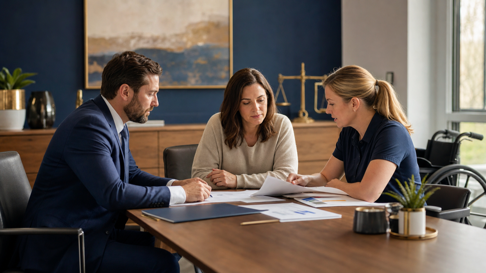 A legal team and rehabilitation professional review a catastrophic injury care plan.