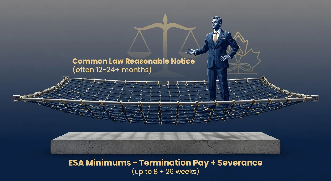 Professional illustration showing the layered structure of Ontario termination entitlements: the solid ESA minimums (termination pay + severance) as the foundation, with a much larger common law reasonable notice safety net above it providing significantly more protection for most employees.
