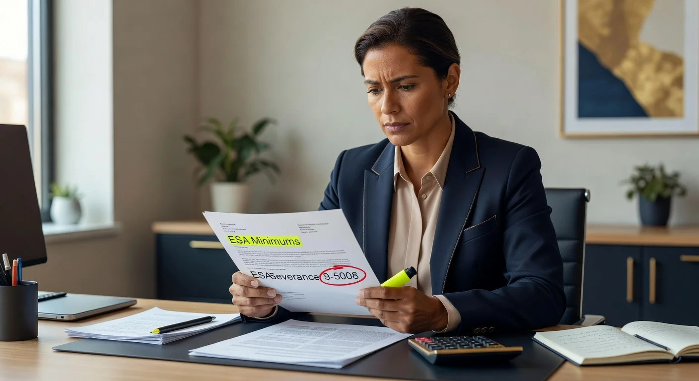 Employee carefully reviewing an official termination letter and severance offer package at a desk, highlighting the importance of comparing the employer’s proposed “ESA minimums” against actual entitlements before signing anything.