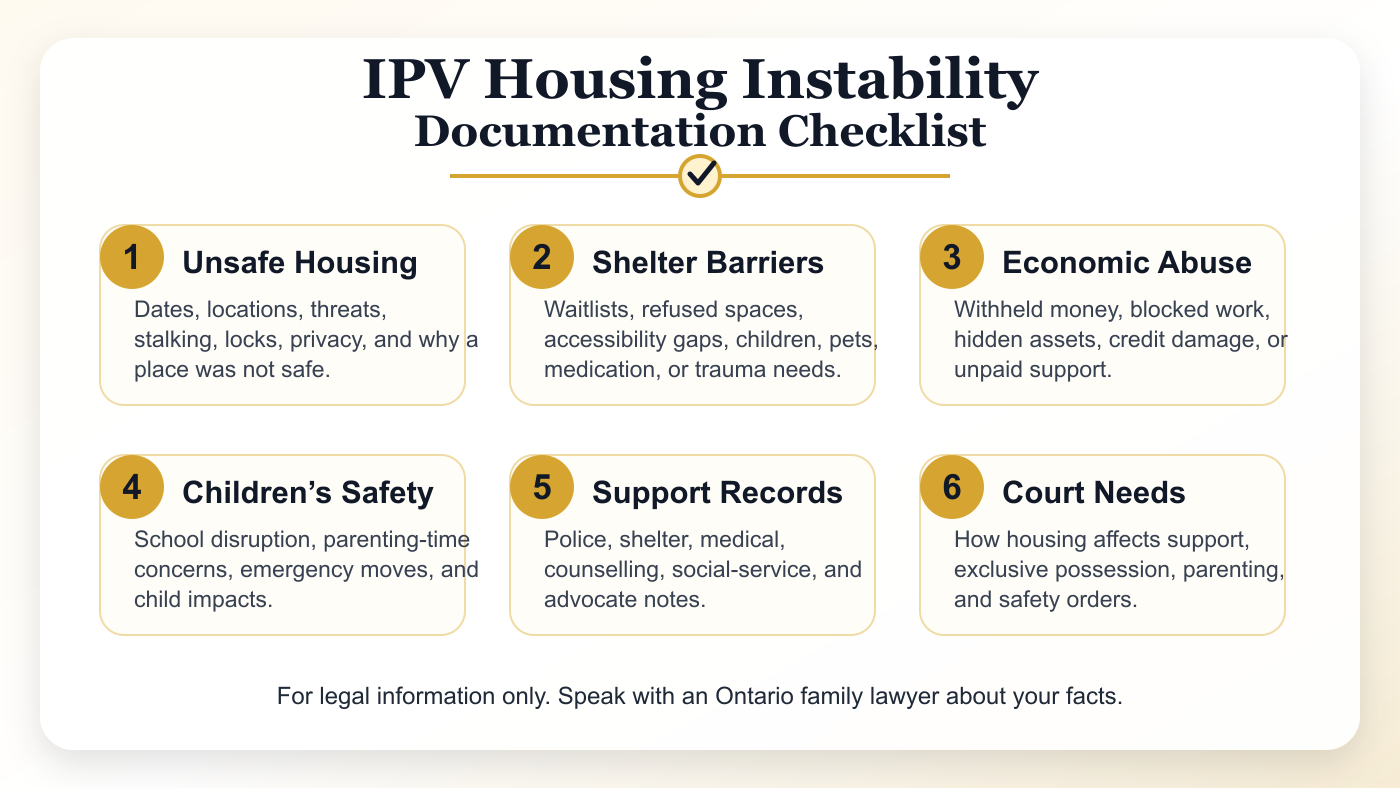 Infographic checklist for IPV survivors documenting housing instability after separation in Ontario.