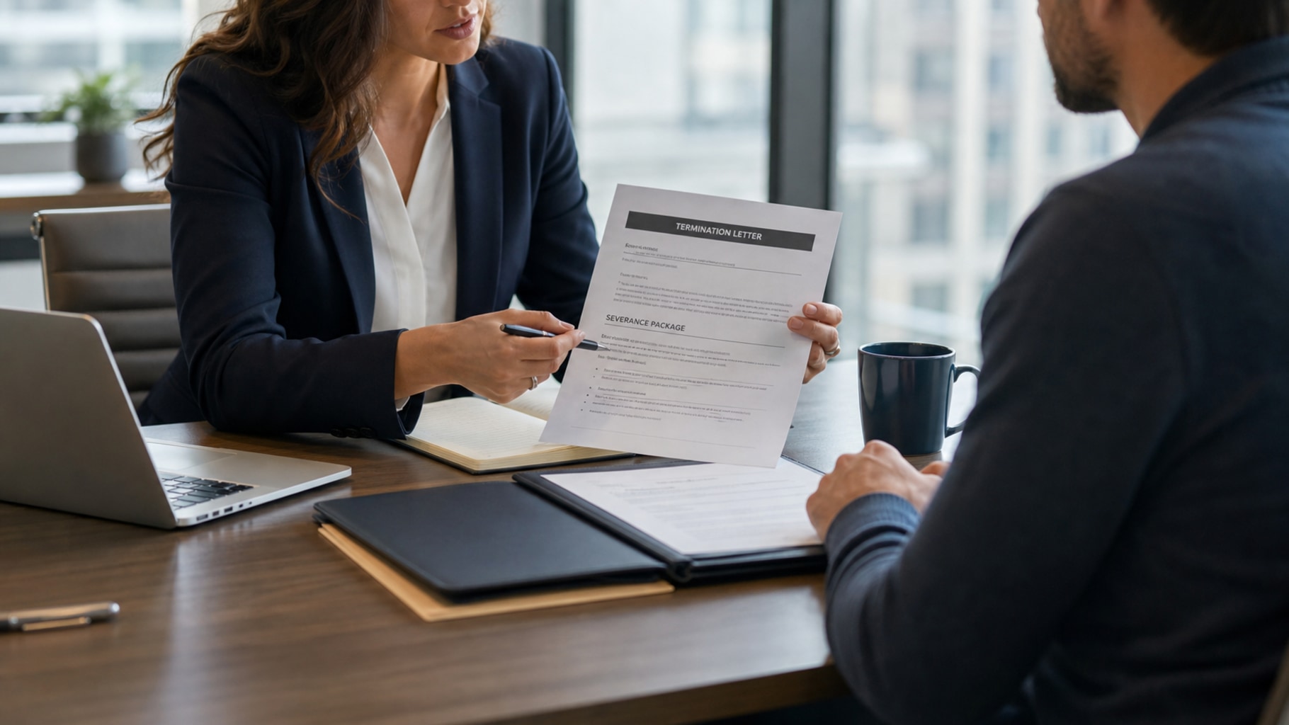 Employment lawyer reviewing a severance package with a client before signing
