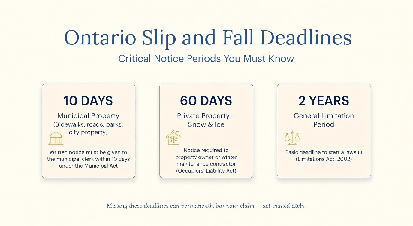 Ontario Slip and Fall Deadlines Infographic showing the critical 10-day municipal notice, 60-day private snow and ice notice, and 2-year general limitation period