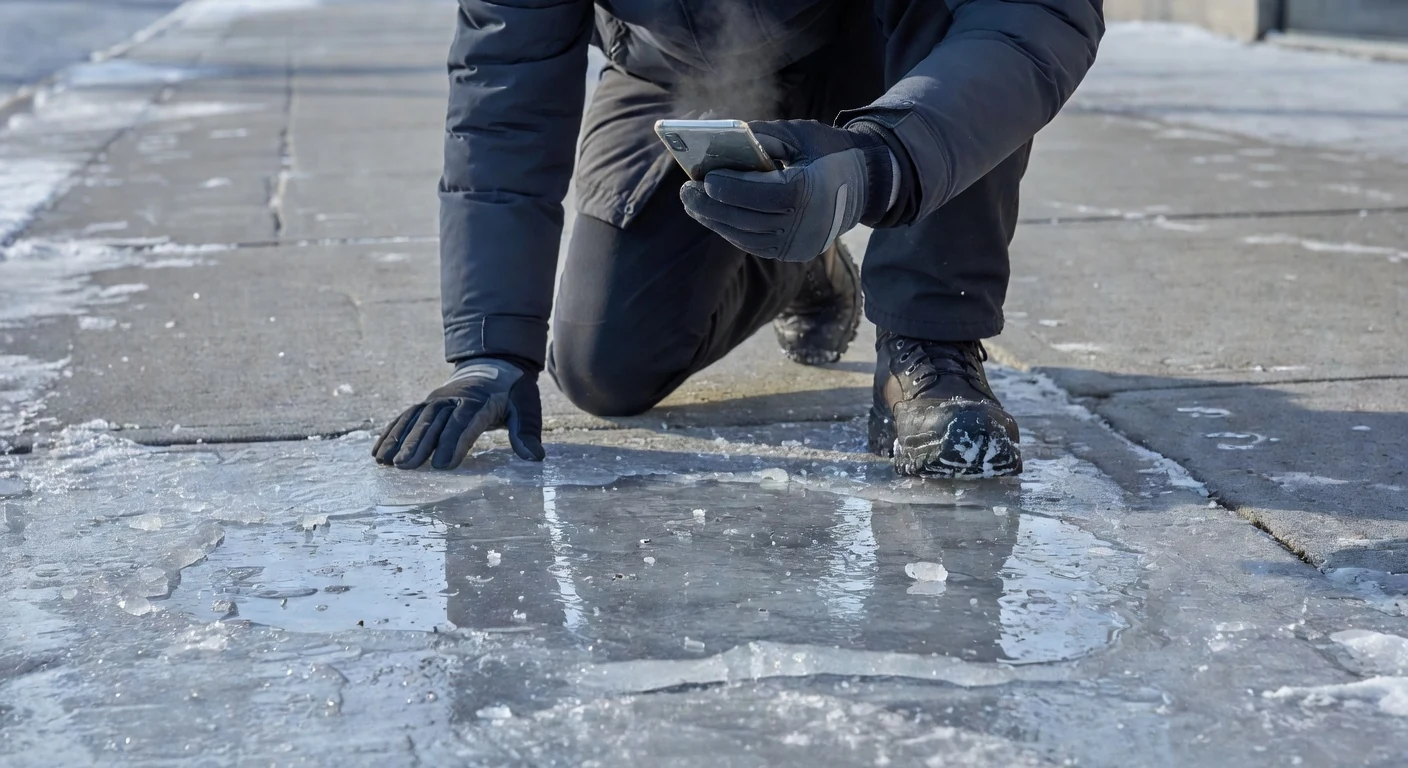 Documenting a slip and fall scene for evidence - taking close-up photos of the hazardous ice immediately after an Ontario winter accident
