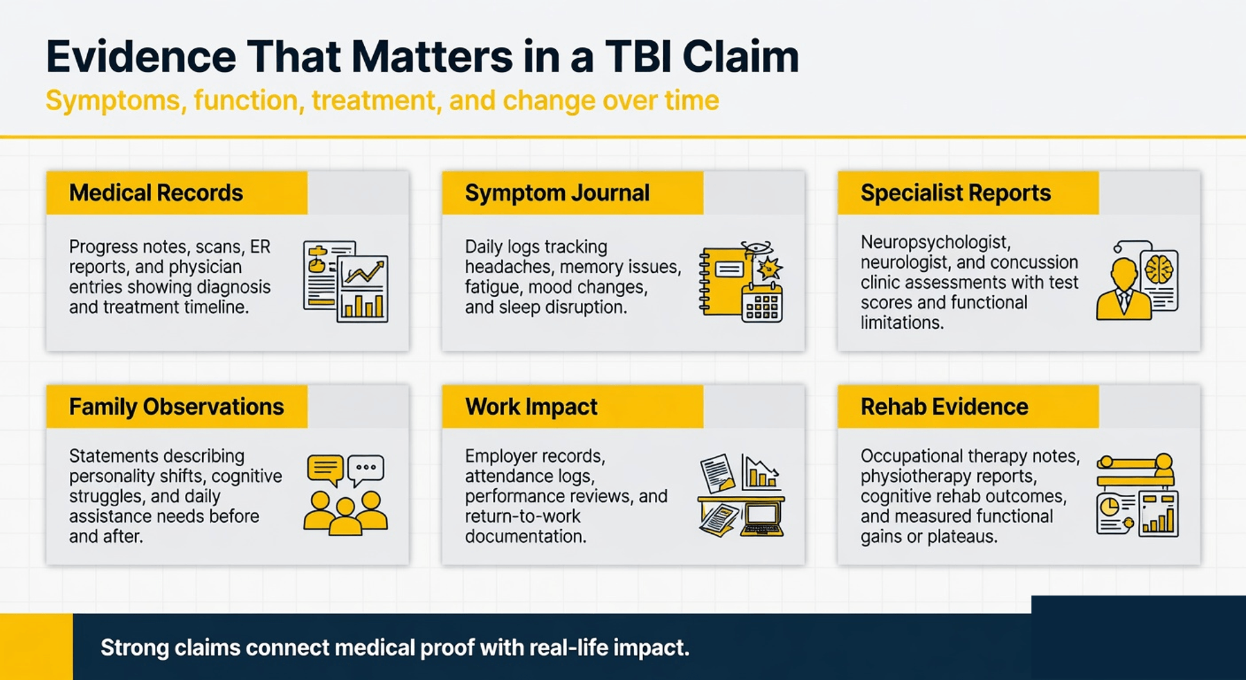 Infographic checklist showing key evidence for a traumatic brain injury claim: symptoms, records, journal, experts, and benefits.