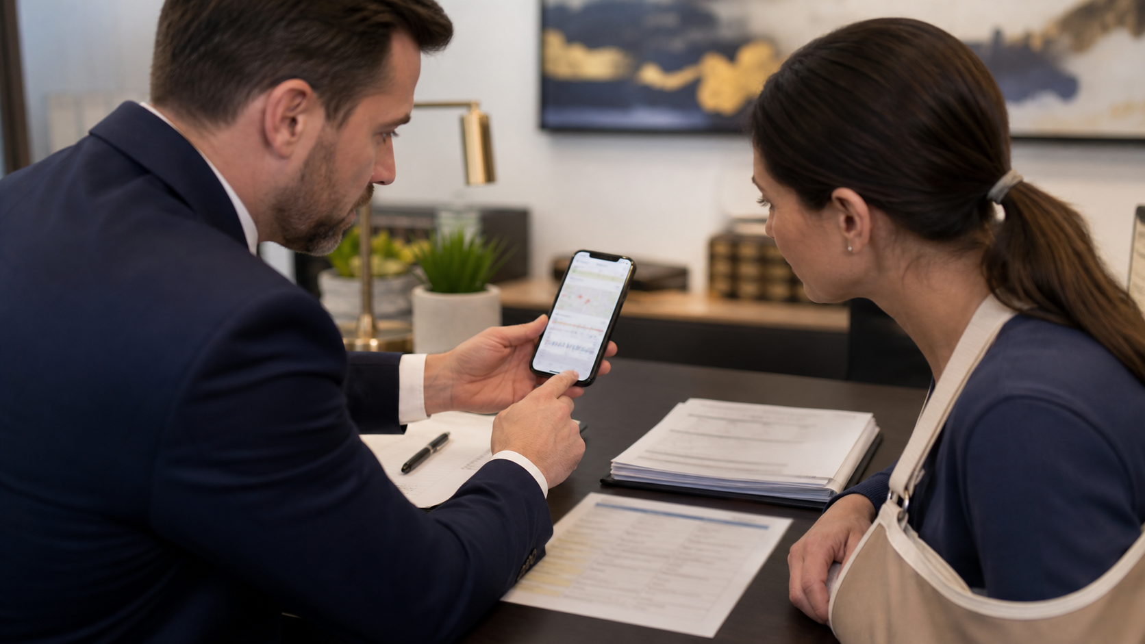 A lawyer and client review app-based trip evidence after a rideshare accident.