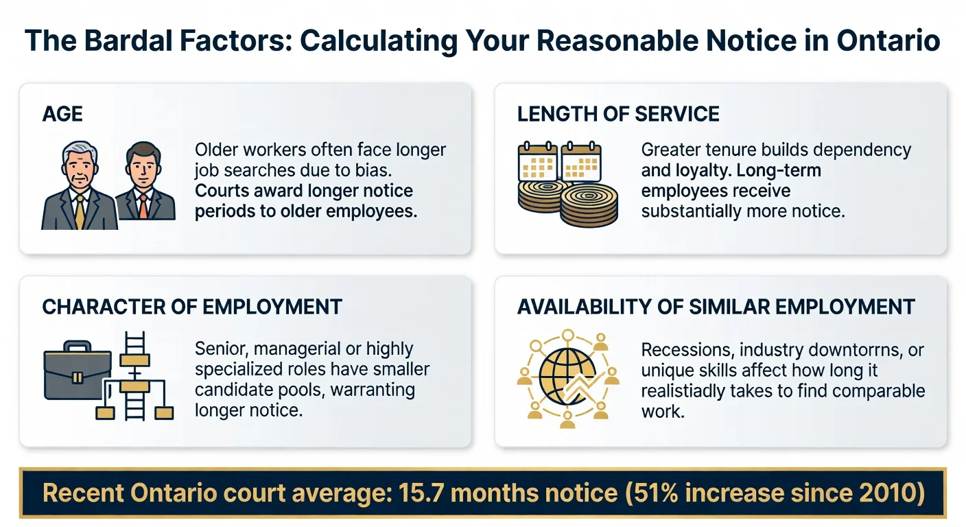 Infographic detailing the four Bardal factors that Ontario courts use to calculate reasonable notice periods in wrongful dismissal claims: your age, length of service, the character of your employment, and the availability of similar work. Recent average awards have reached 15.7 months.