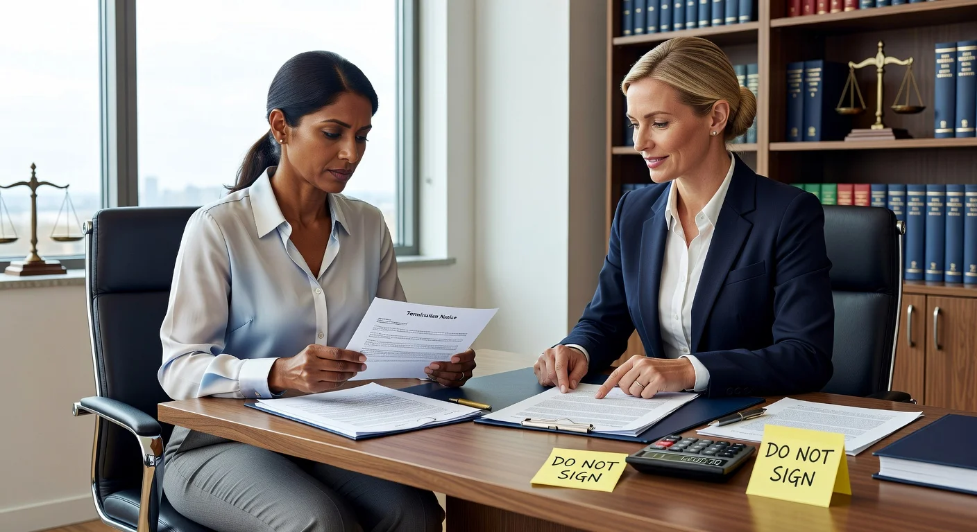 Professional consultation: An employee carefully reviewing termination and severance documents with an Ontario employment lawyer before signing anything. Getting legal advice early is the most critical step if you believe you have been wrongfully dismissed.