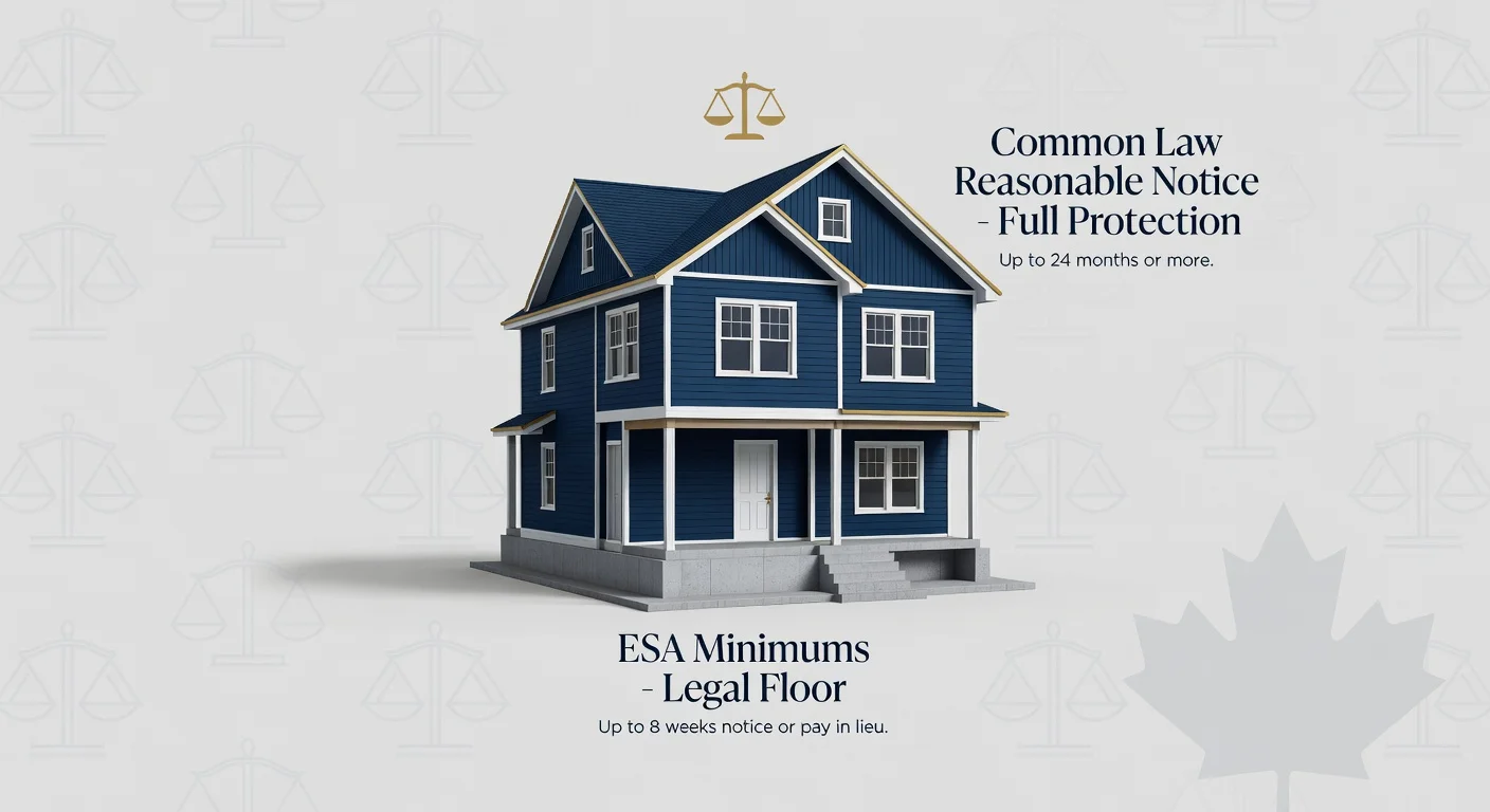 Illustration showing termination entitlements as building a house: the solid ESA minimums foundation supports the complete structure of common law reasonable notice, which can extend up to 24 months or more in Ontario wrongful dismissal cases.