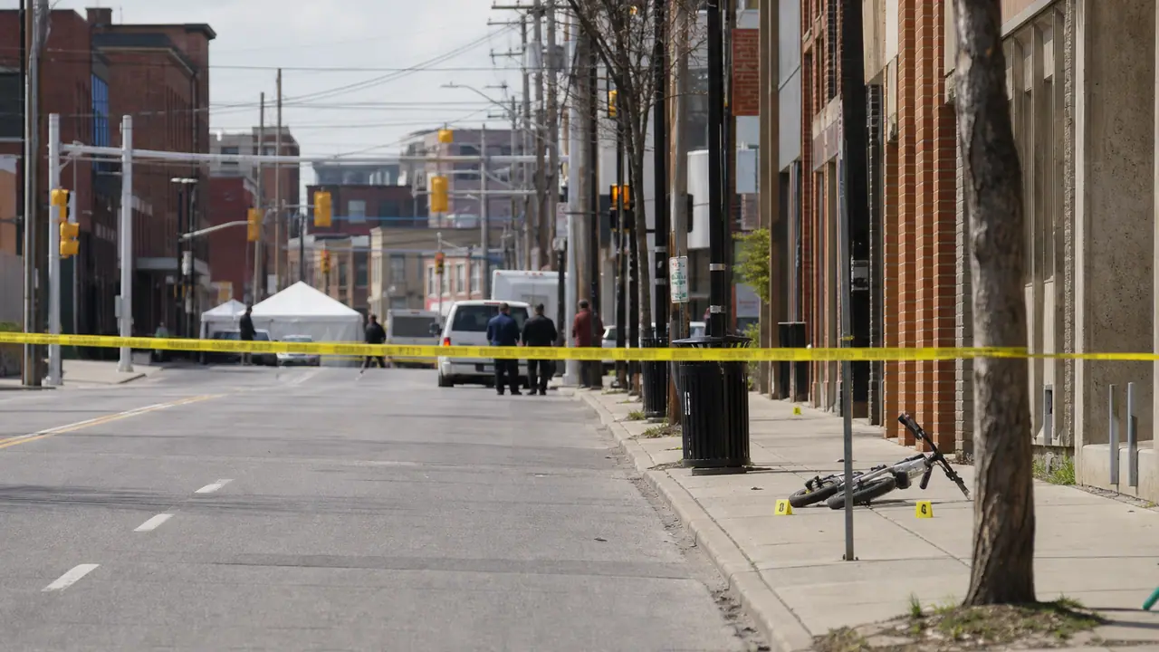 Police have closed off Main Street West for a homicide investigation after a 21-year-old man was found fatally stabbed.